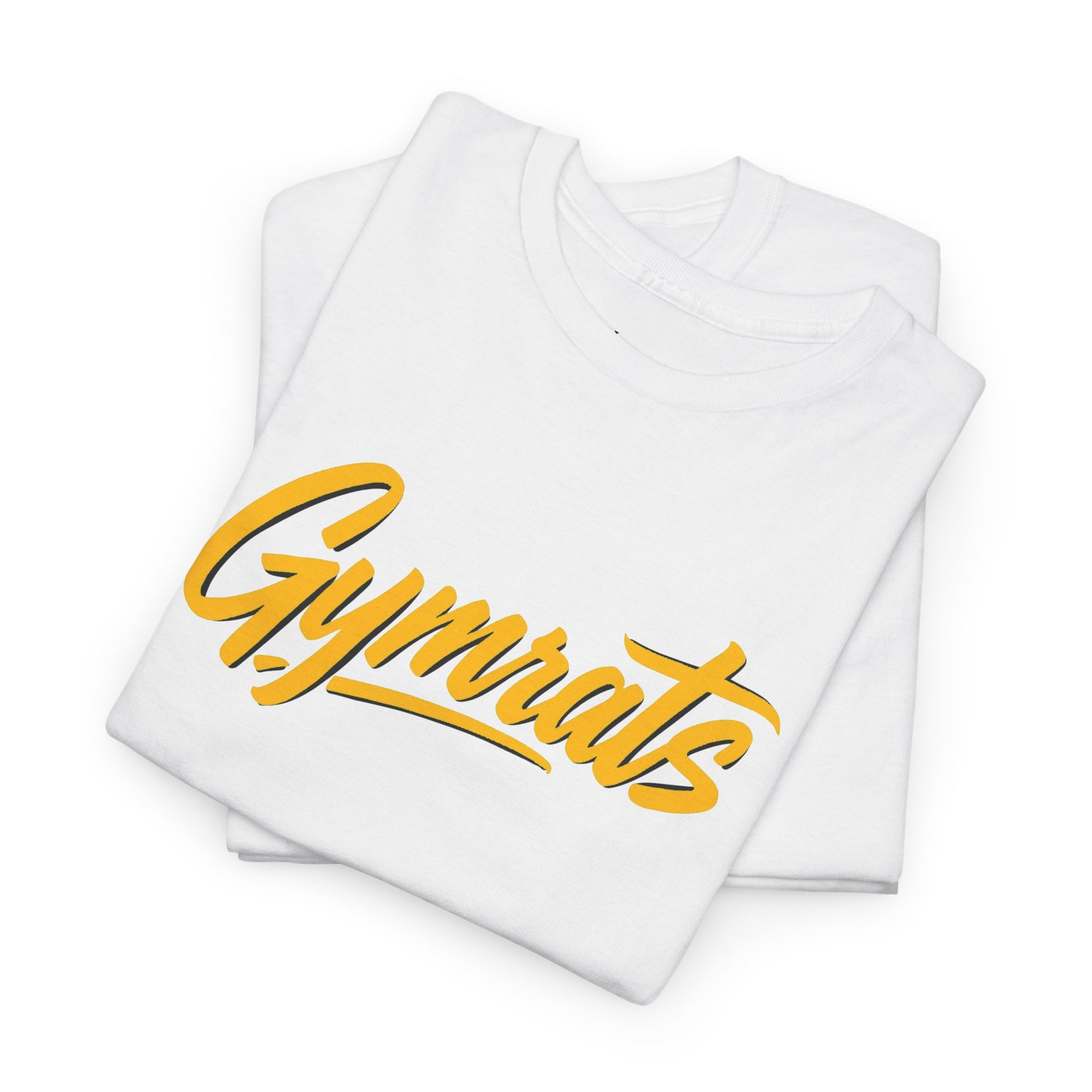 Blonde Fury folded white cotton t-shirt showing Gymrats collection logo