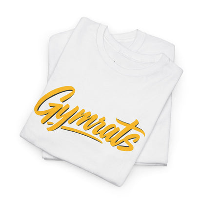 Blonde Fury folded white cotton t-shirt showing Gymrats collection logo