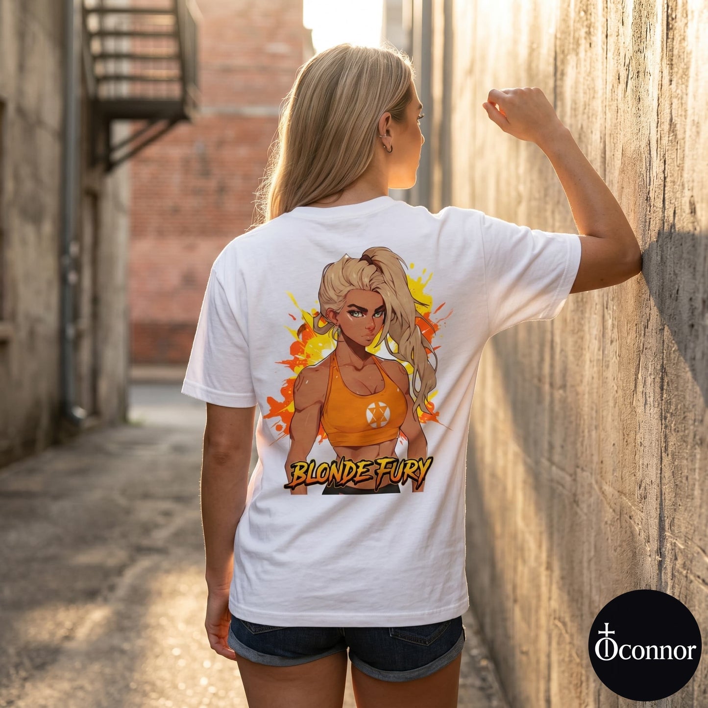 Female model wearing Blonde Fury white cotton t-shirt seen from behind in urban setting with anime-style elements - O'Connor streetwear