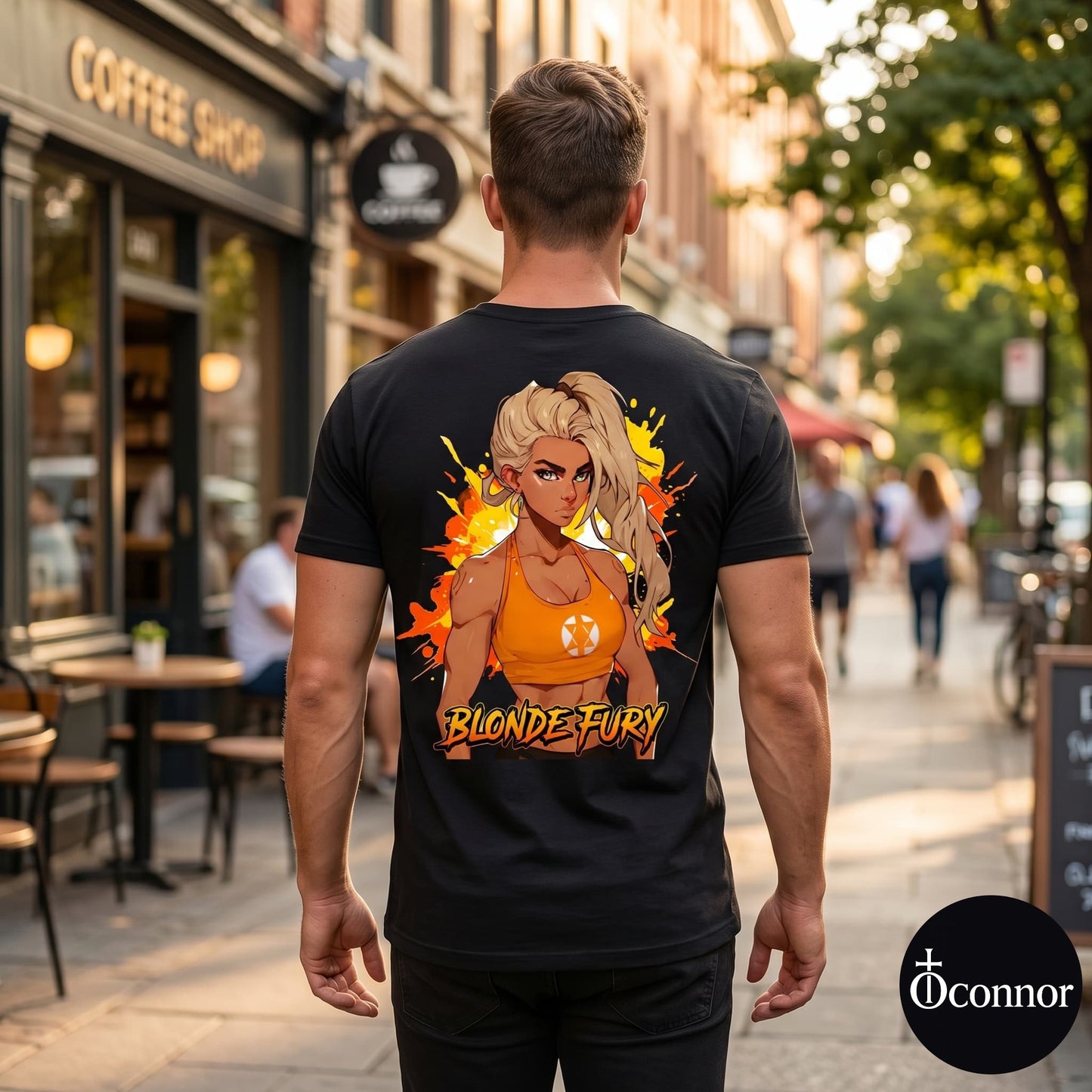 Male model wearing Blonde Fury black cotton t-shirt seen from behind in urban setting with anime-style elements - O'Connor streetwear