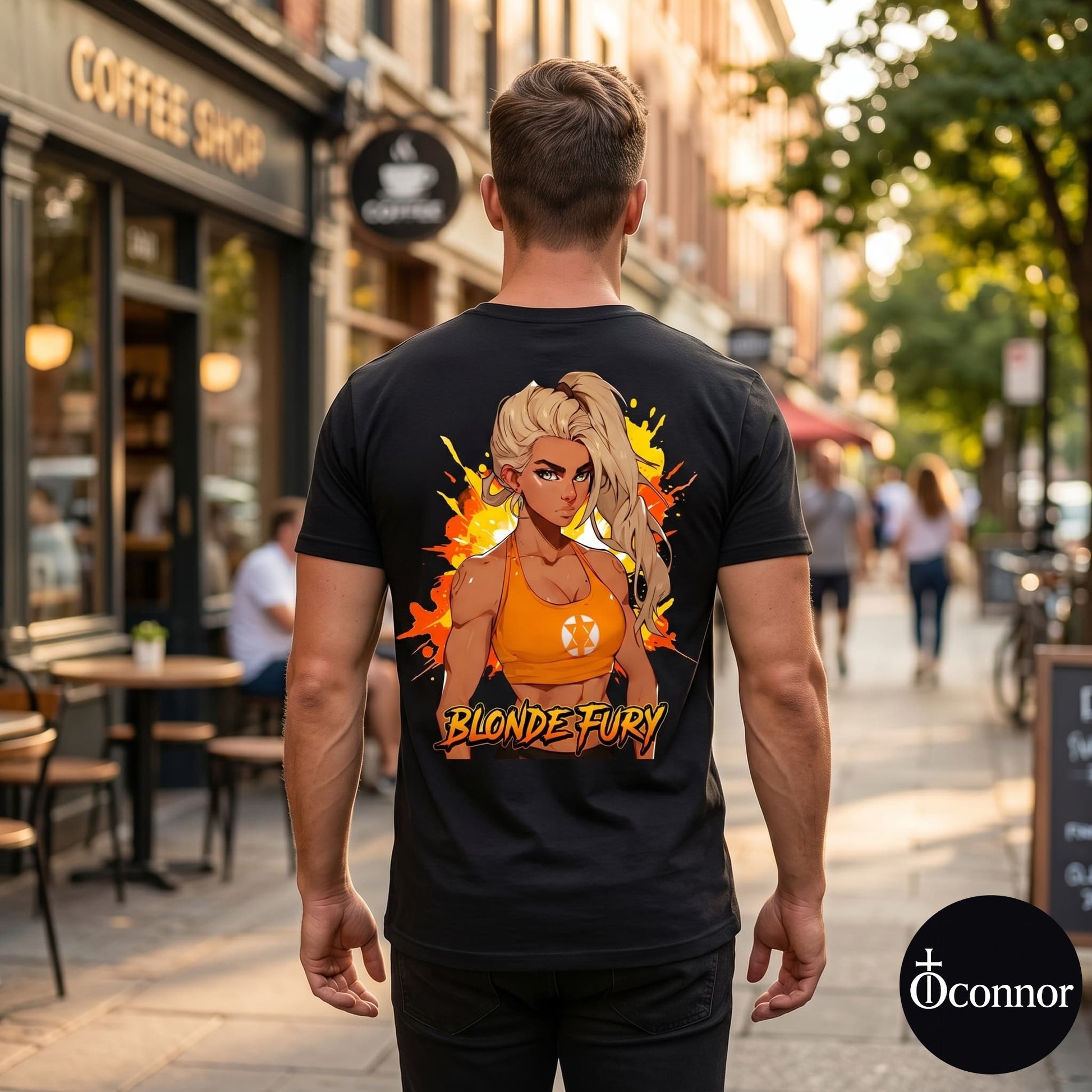 Male model wearing Blonde Fury black cotton t-shirt seen from behind in urban setting with anime-style elements - O'Connor streetwear