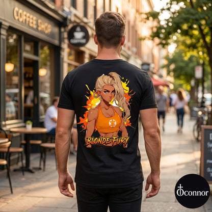 Male model wearing Blonde Fury black cotton t-shirt seen from behind in urban setting with anime-style elements - O'Connor streetwear