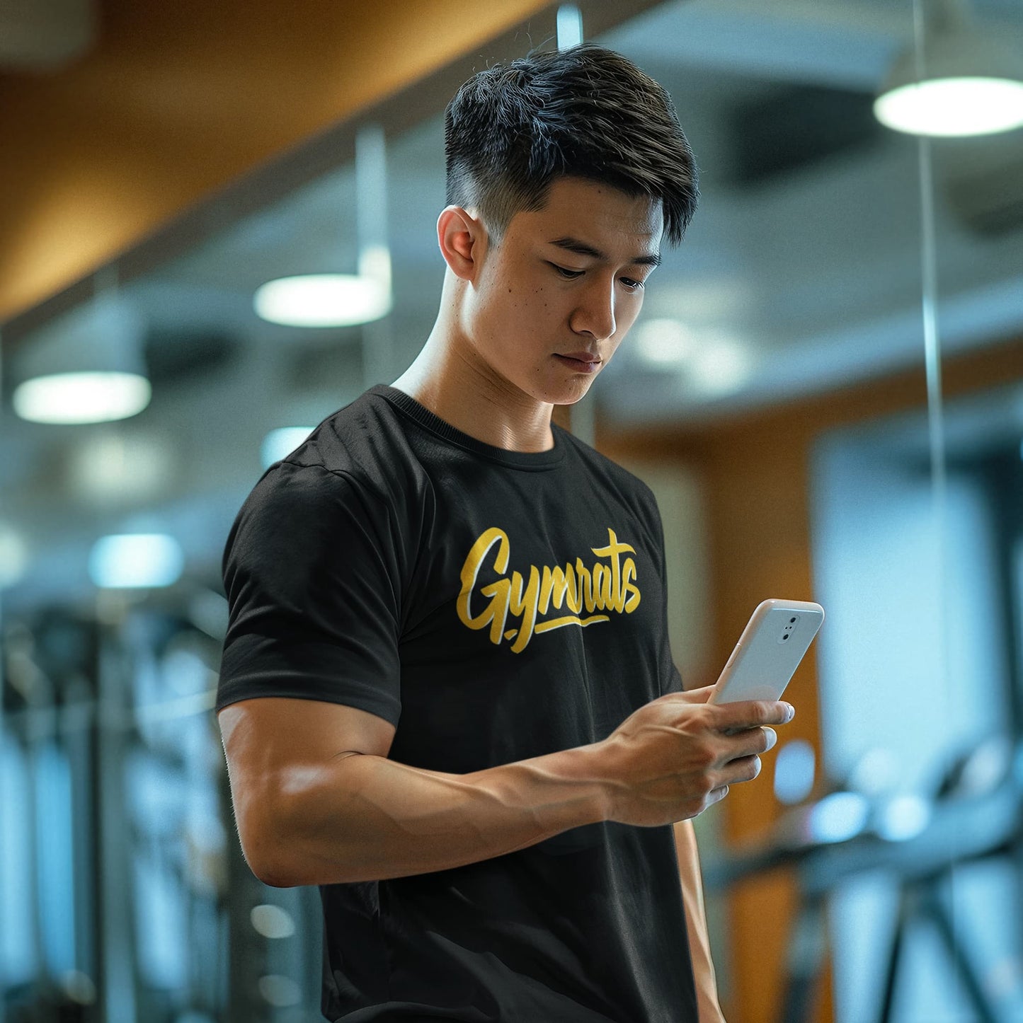 Man wearing a black 'Gymrats' t-shirt using a phone in a gym setting