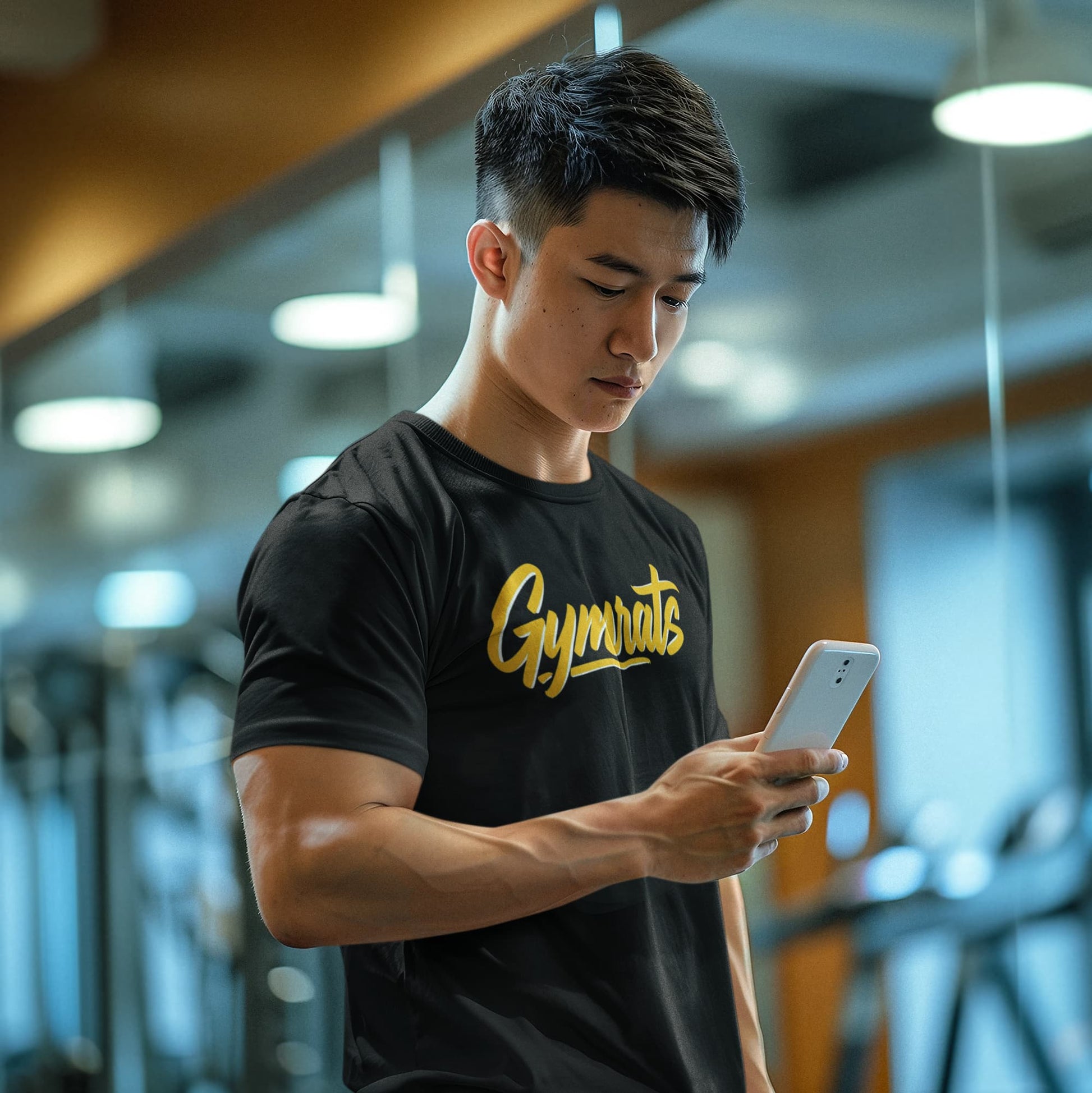 Man wearing a black 'Gymrats' t-shirt using a phone in a gym setting