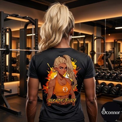 Female athlete wearing Blonde Fury anime polyester gym tee in fitness studio - back view showing gold design