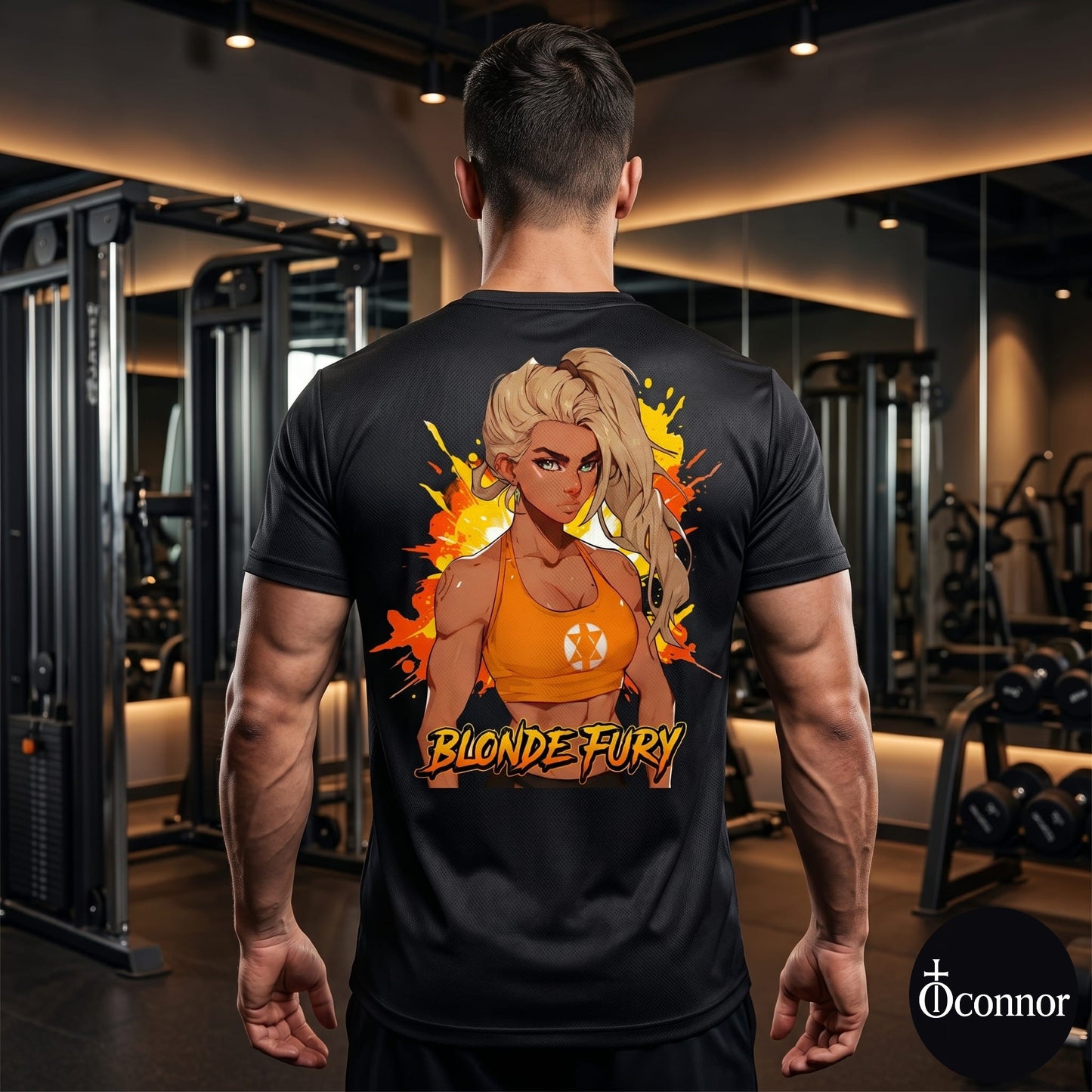 Male athlete wearing Blonde Fury anime polyester gym tee in fitness studio - back view showing gold design