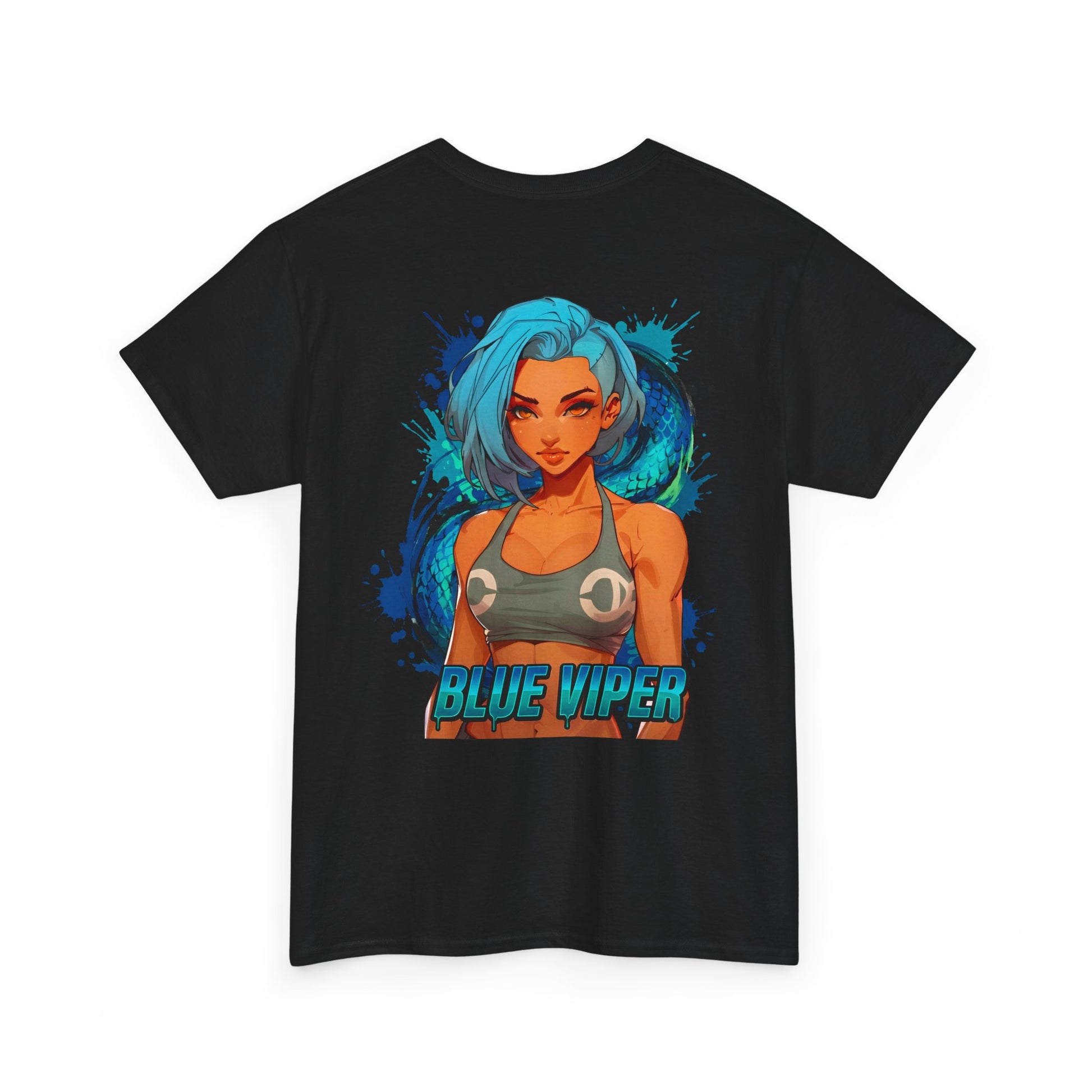 Blue Viper cotton t-shirt back view black - electric blue and cyan anime design by O'Connor