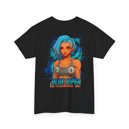 Blue Viper cotton t-shirt back view black - electric blue and cyan anime design by O'Connor