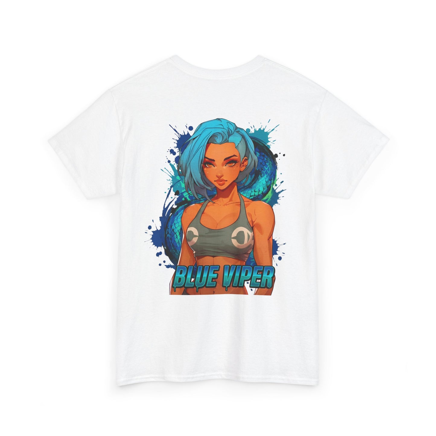 Blue Viper cotton t-shirt back view white - electric blue and cyan anime design by O'Connor
