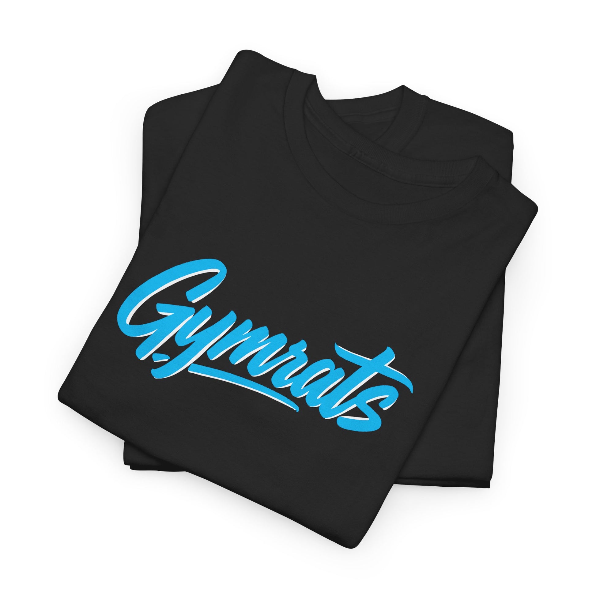 Blue Viper folded black cotton t-shirt showing Gymrats collection logo