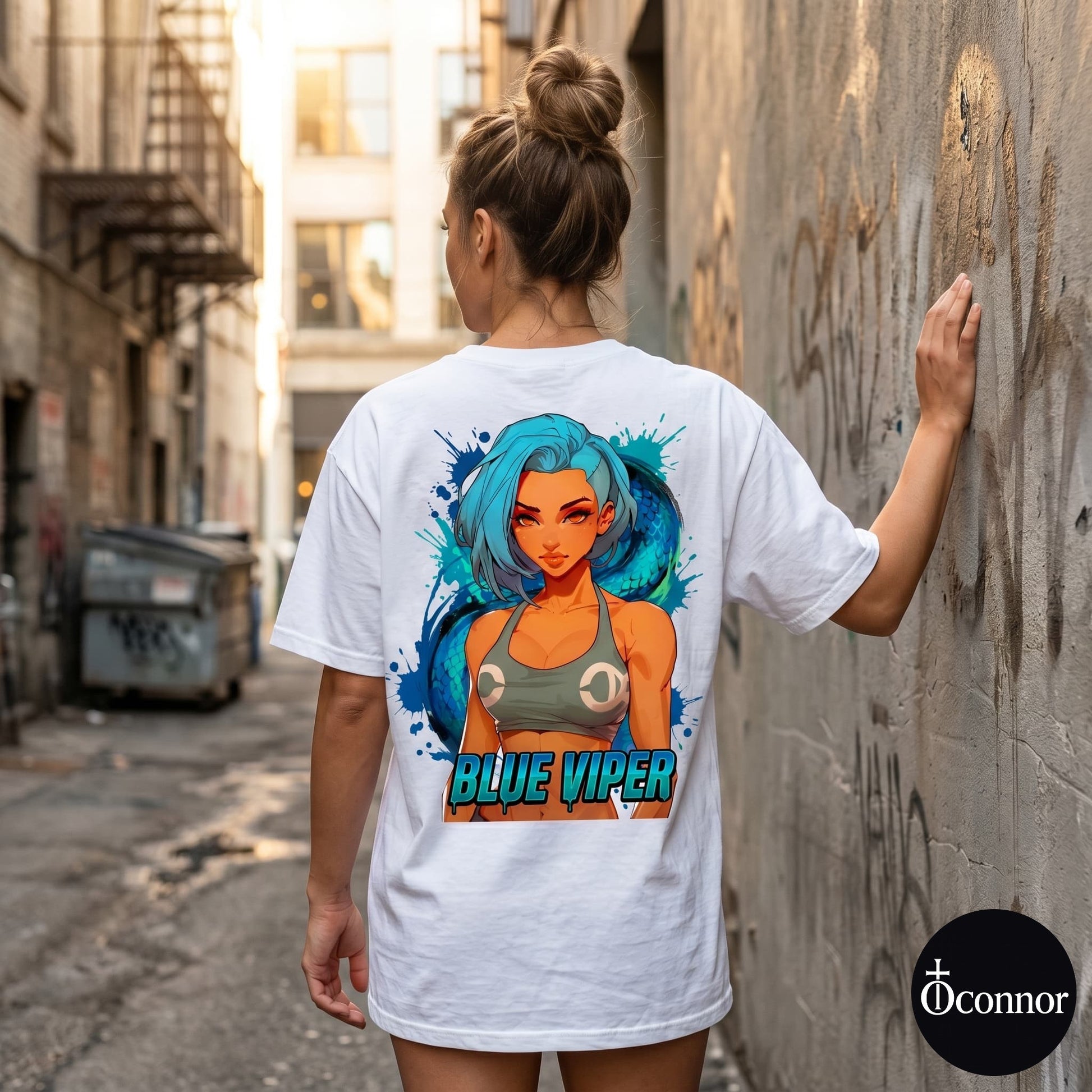 Female model wearing Blue Viper white cotton t-shirt seen from behind in urban setting with anime-style elements - O'Connor streetwear