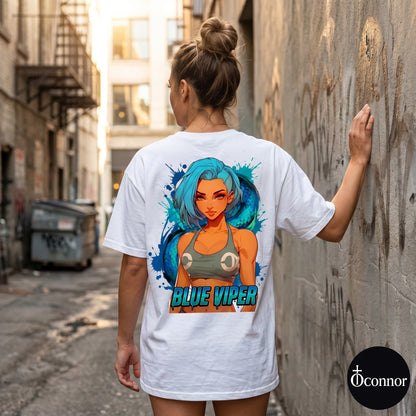 Female model wearing Blue Viper white cotton t-shirt seen from behind in urban setting with anime-style elements - O'Connor streetwear