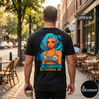 Male model wearing Blue Viper black cotton t-shirt seen from behind in urban setting with anime-style elements - O'Connor streetwear