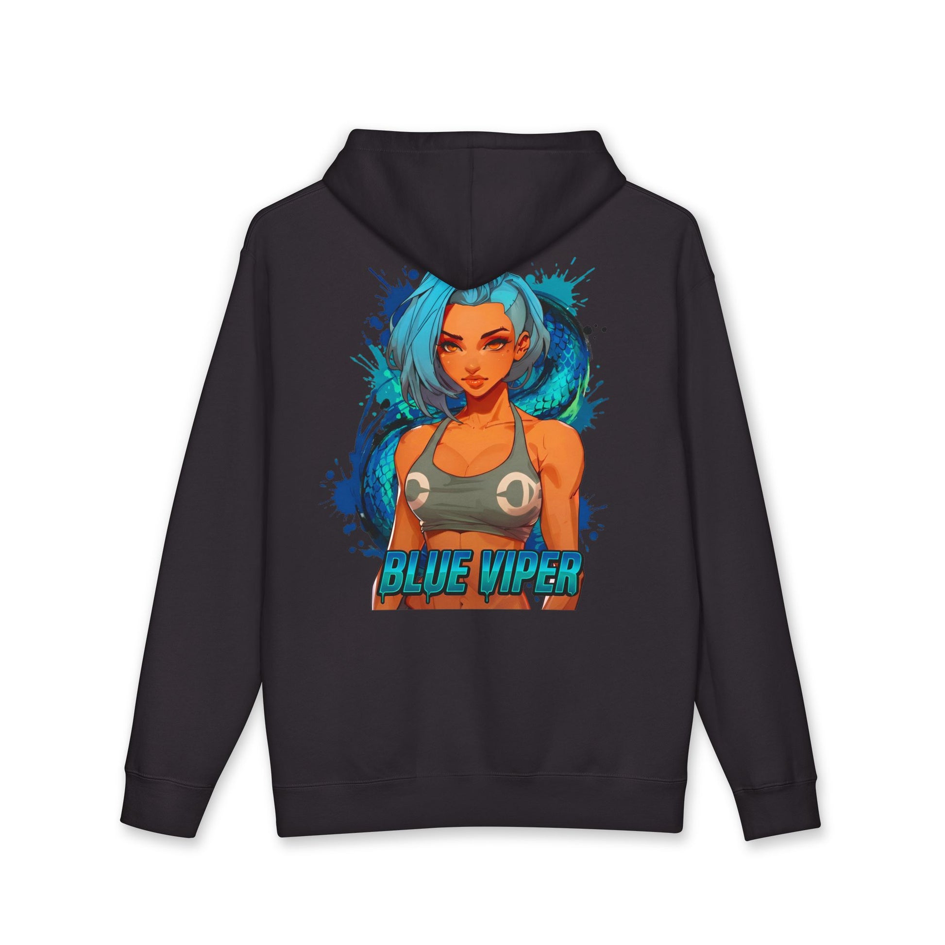 Blue Viper hoodie back view black - electric blue and cyan anime design by O'Connor