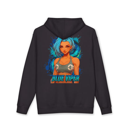 Blue Viper hoodie back view black - electric blue and cyan anime design by O'Connor