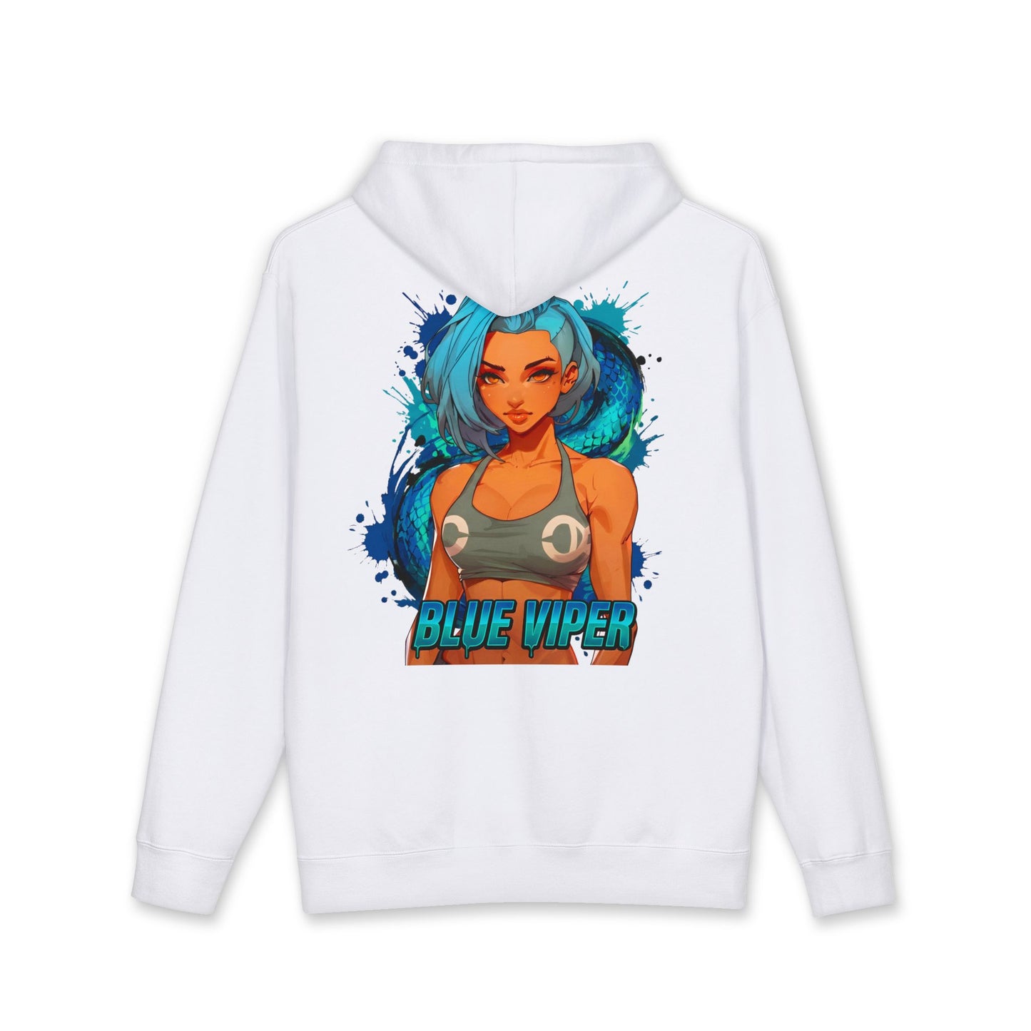 Blue Viper hoodie back view white - electric blue and cyan anime design by O'Connor