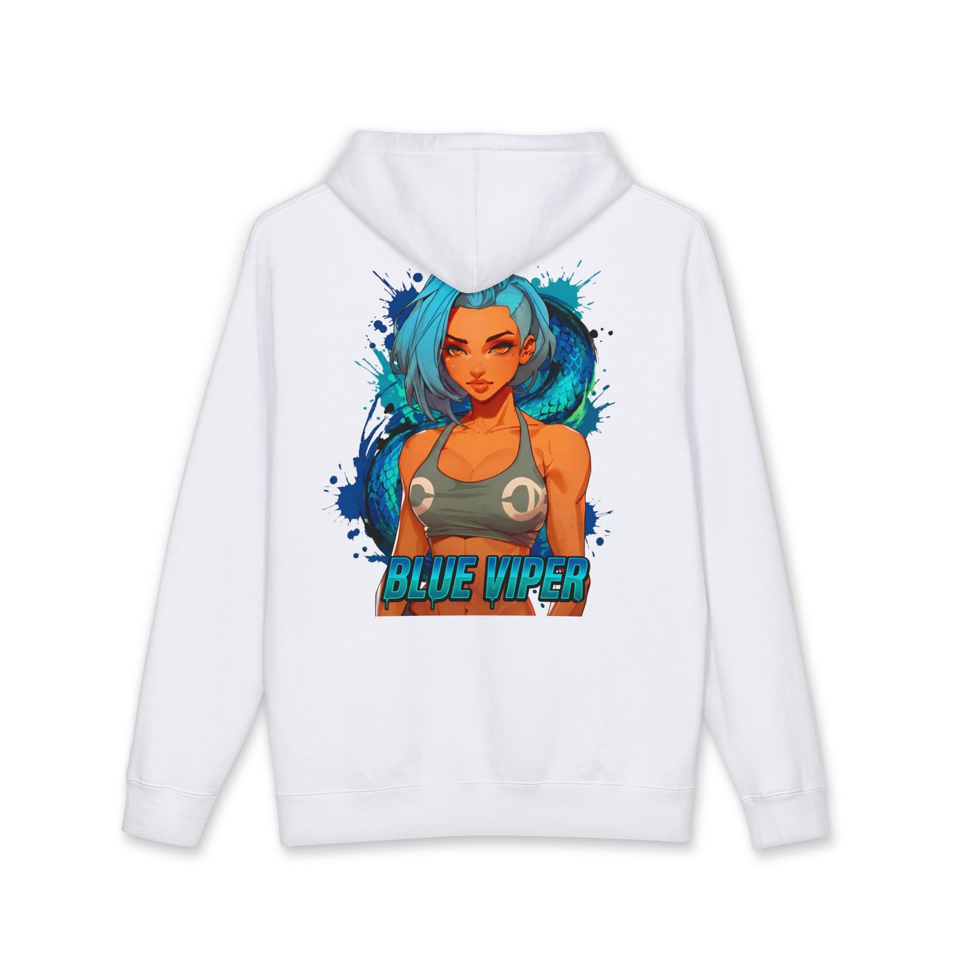 Blue Viper hoodie back view white - electric blue and cyan anime design by O'Connor