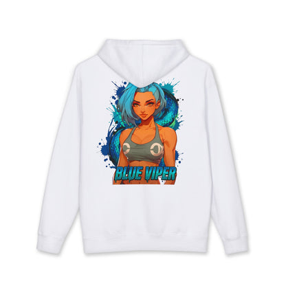 Blue Viper hoodie back view white - electric blue and cyan anime design by O'Connor