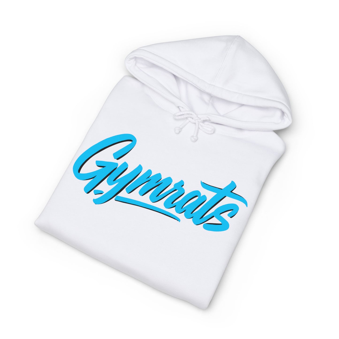 Blue Viper folded white hoodie showing Gymrats collection logo