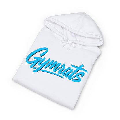 Blue Viper folded white hoodie showing Gymrats collection logo