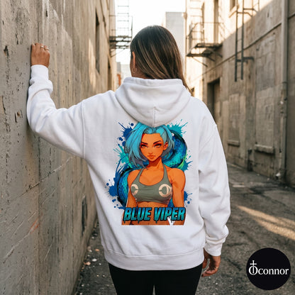Female model wearing Blue Viper white hoodie seen from behind in urban setting with anime-style elements - O'Connor streetwear