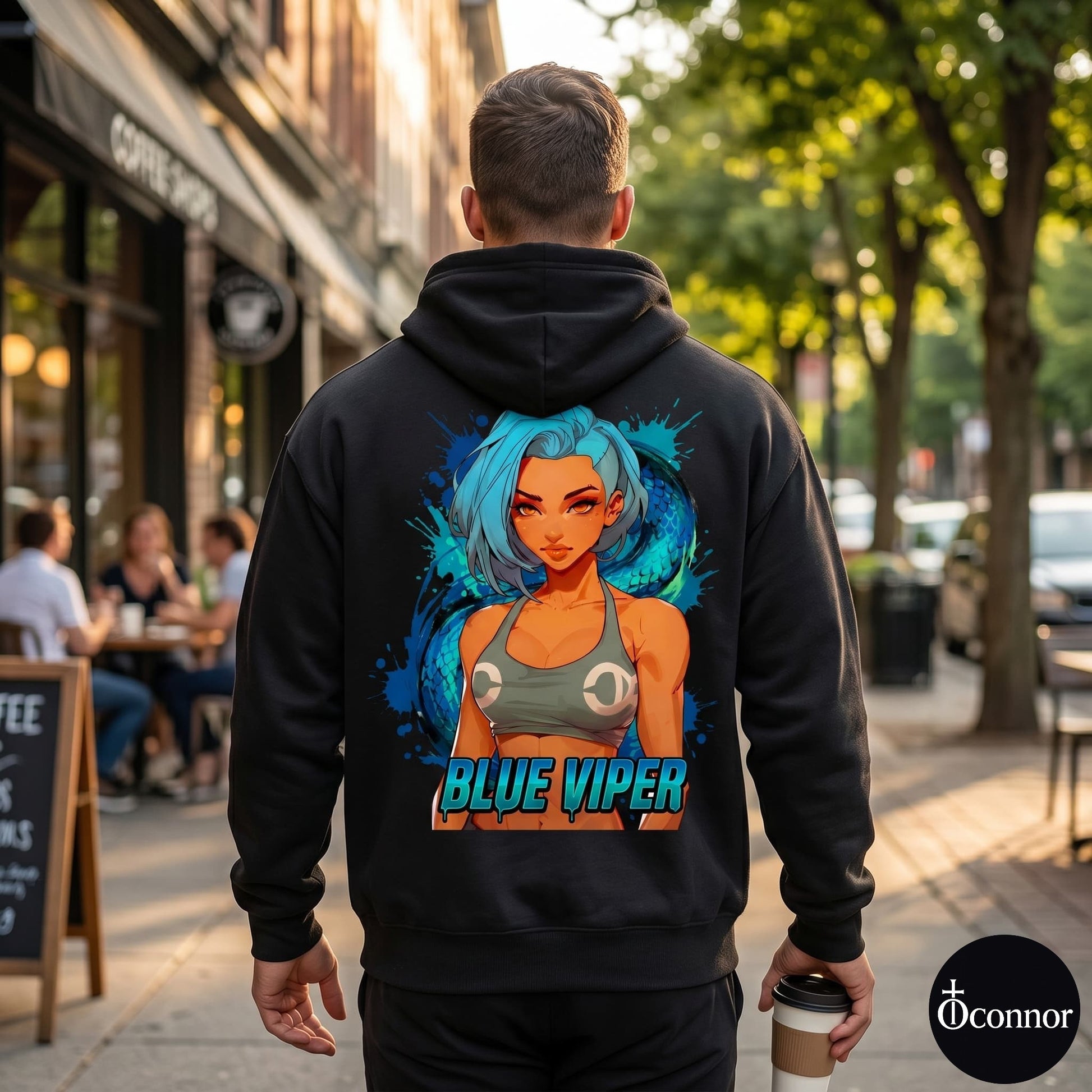 Male model wearing Blue Viper black hoodie seen from behind in urban setting with anime-style elements - O'Connor streetwear