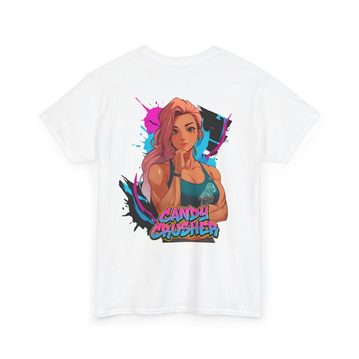 Candy Crusher cotton t-shirt back view white - vibrant pink and pastel anime design by O'Connor