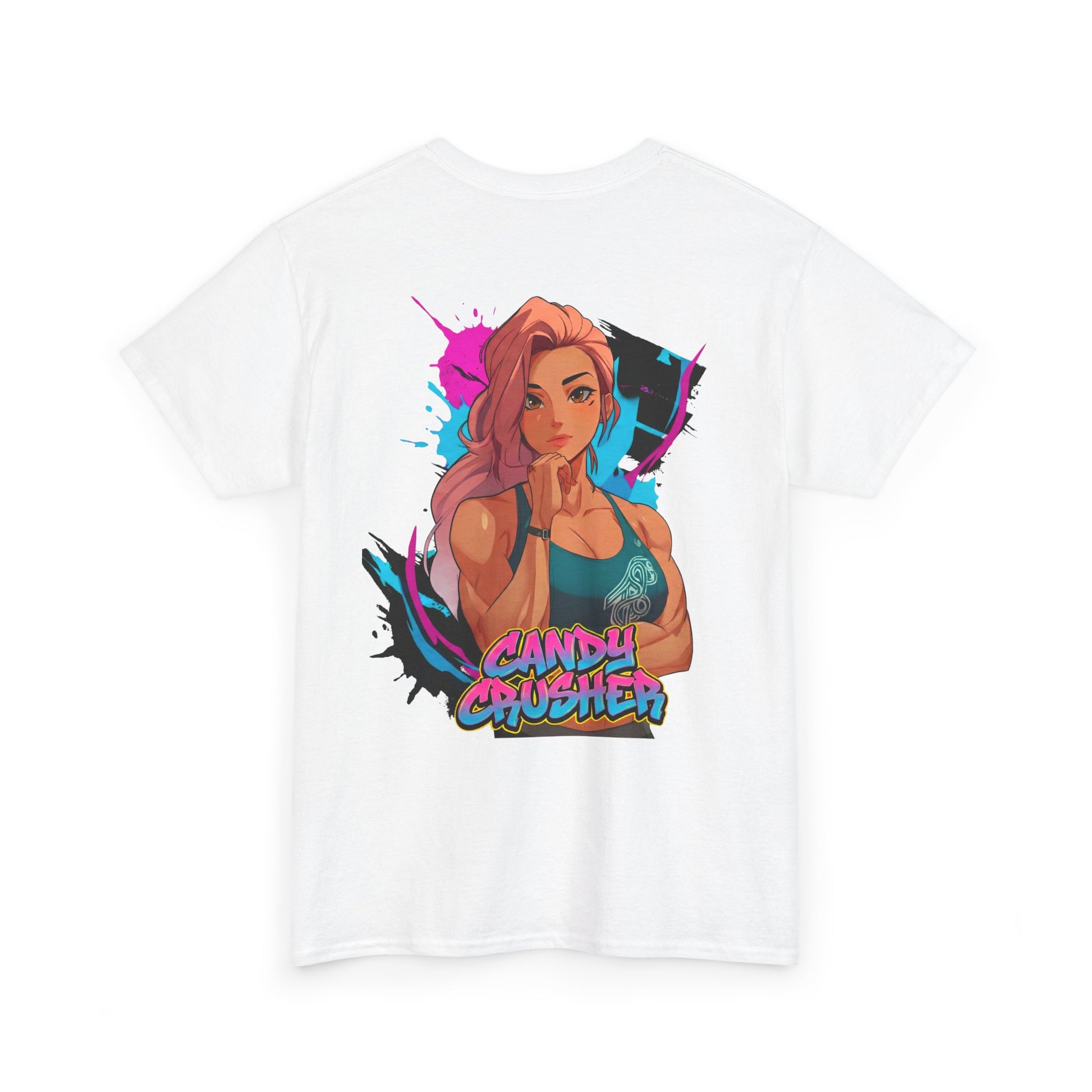 Candy Crusher cotton t-shirt back view white - vibrant pink and pastel anime design by O'Connor
