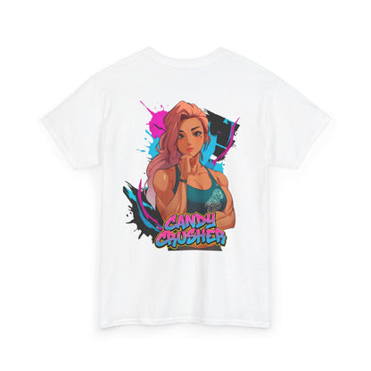 Candy Crusher cotton t-shirt back view white - vibrant pink and pastel anime design by O'Connor