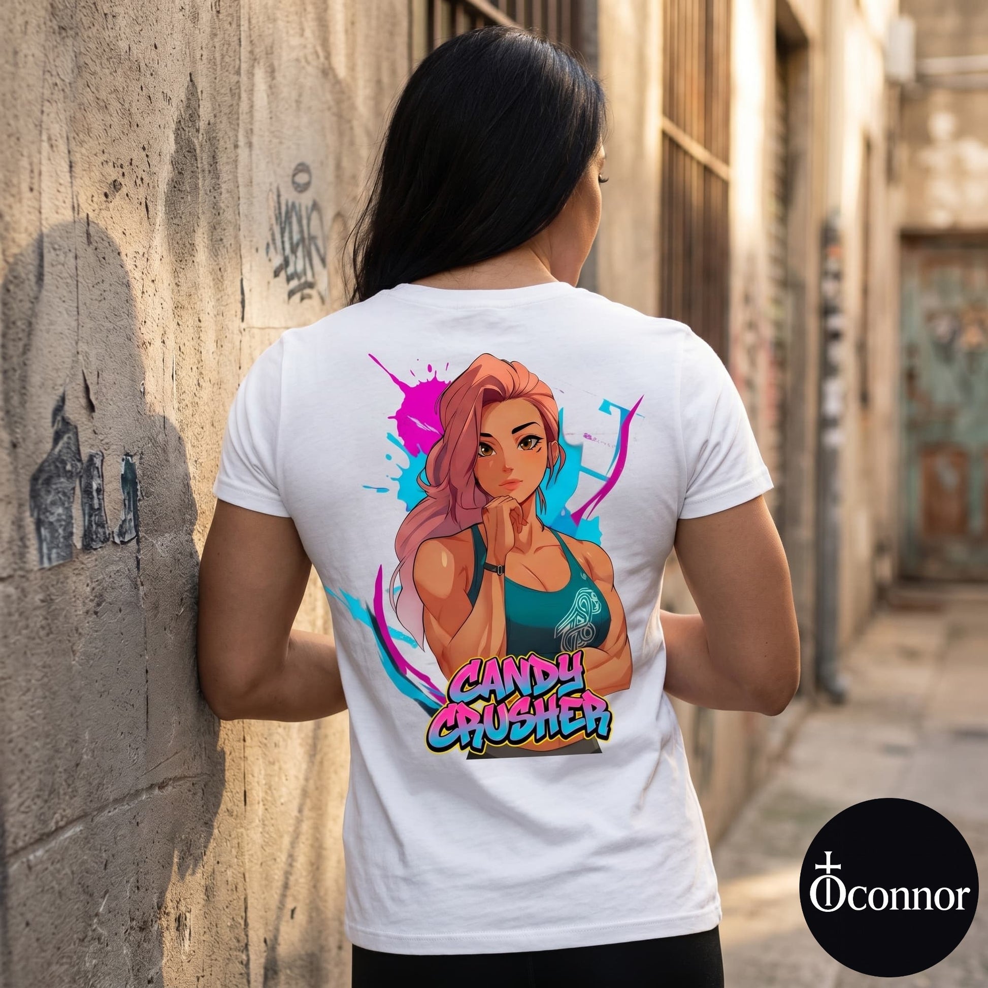 Female model wearing Candy Crusher white cotton t-shirt seen from behind in urban setting with anime-style elements - O'Connor streetwear