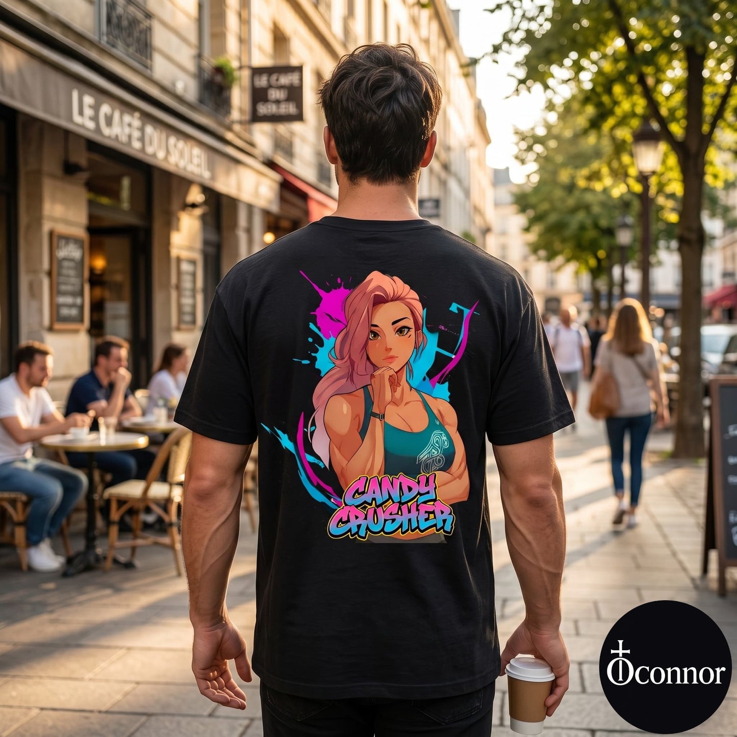 Male model wearing Candy Crusher black cotton t-shirt seen from behind in urban setting with anime-style elements - O'Connor streetwear