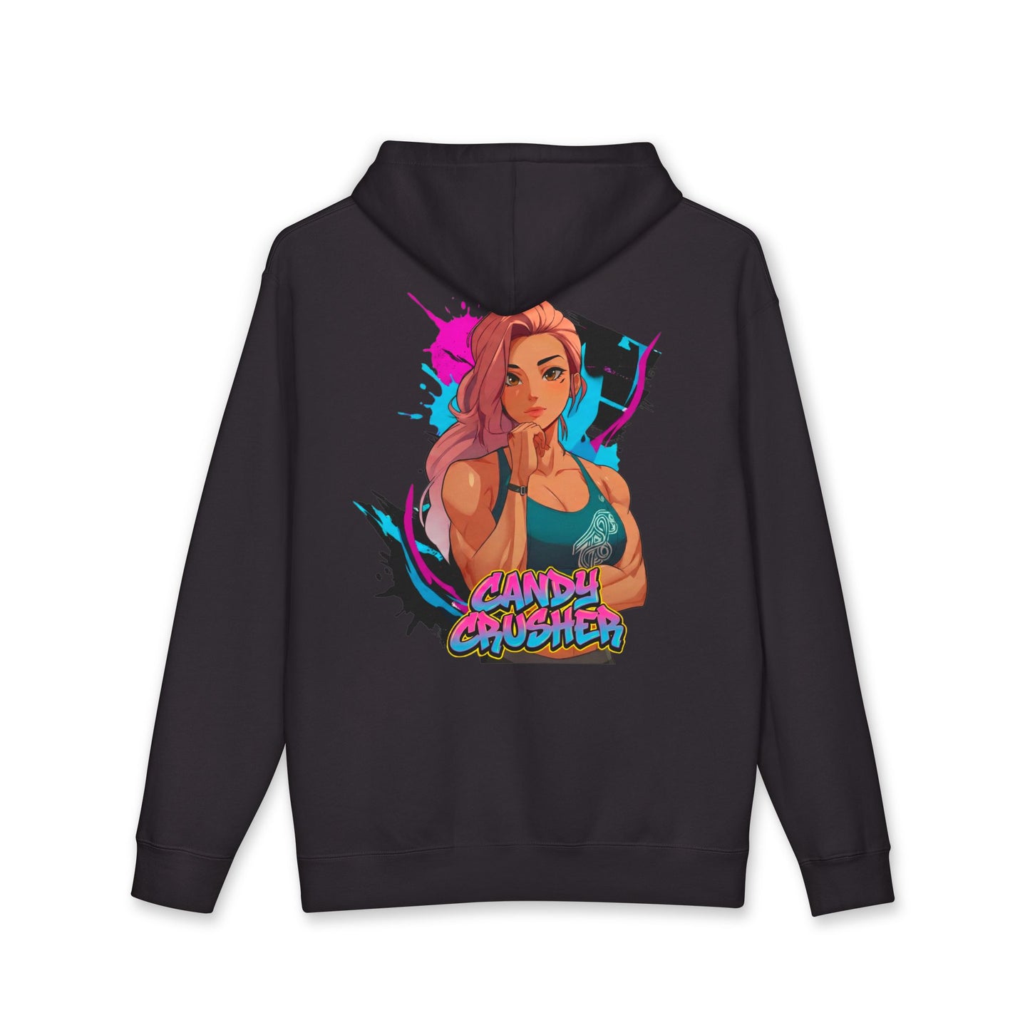 Candy Crusher hoodie back view black - vibrant pink and pastel anime design by O'Connor
