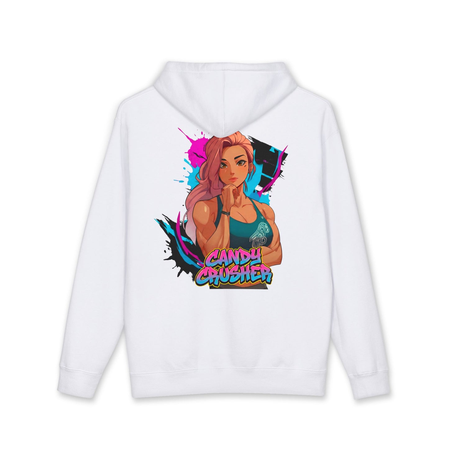 Candy Crusher hoodie back view white - vibrant pink and pastel anime design by O'Connor