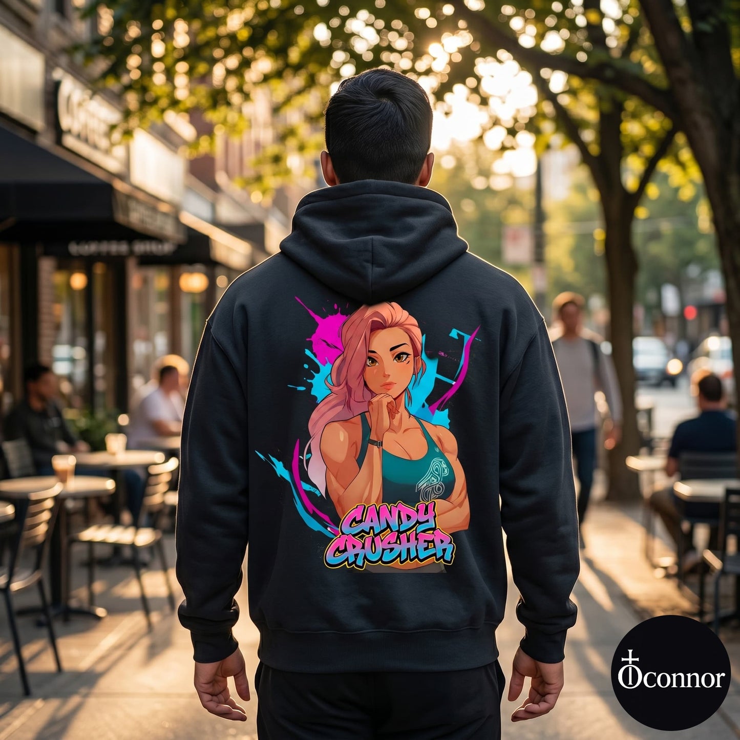 Male model wearing Candy Crusher black hoodie seen from behind in urban setting with anime-style elements - O'Connor streetwear