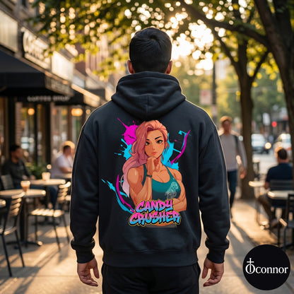 Male model wearing Candy Crusher black hoodie seen from behind in urban setting with anime-style elements - O'Connor streetwear