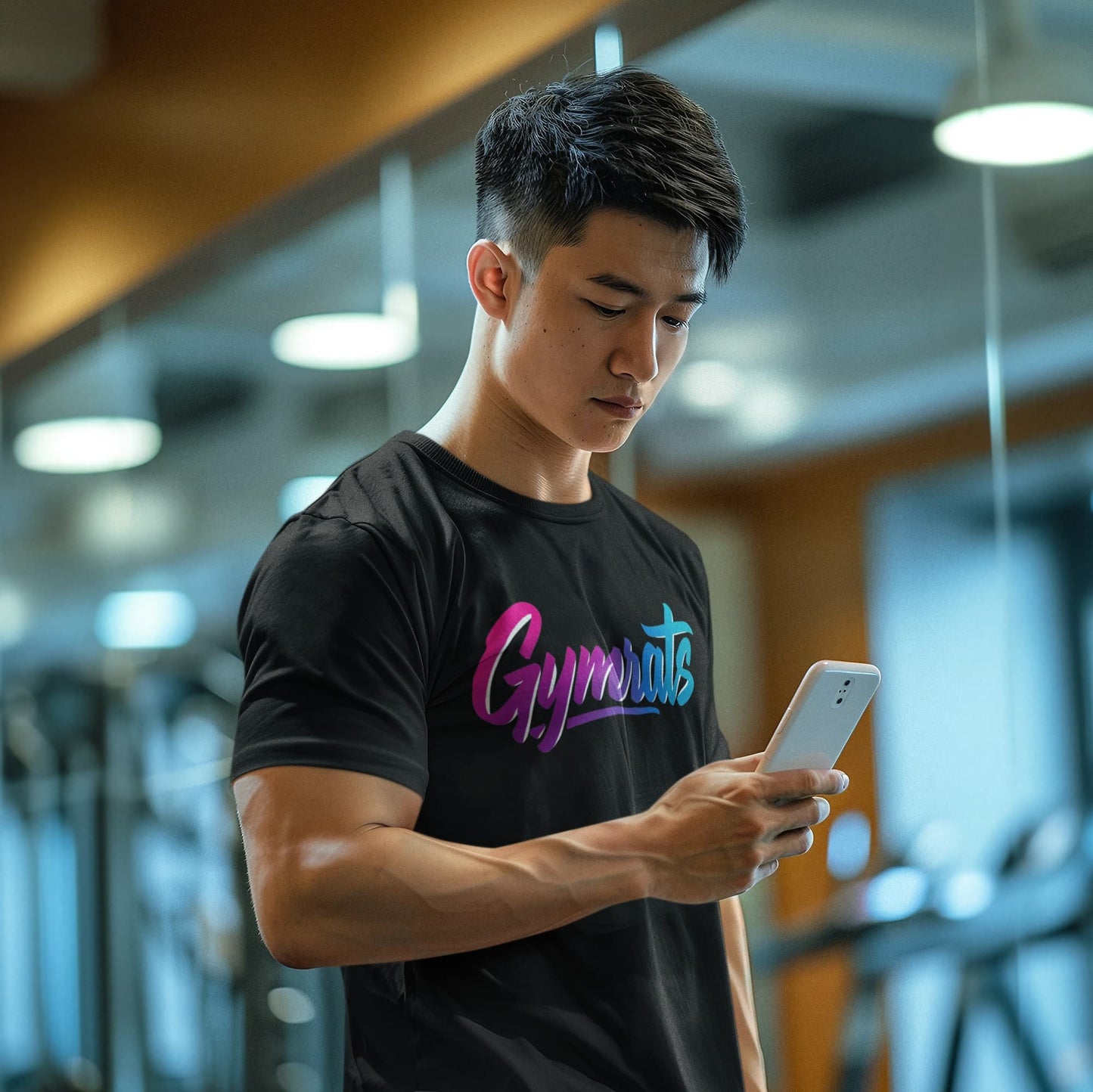 Model wearing Candy Crusher cotton t-shirt in gym setting - anime workout apparel"