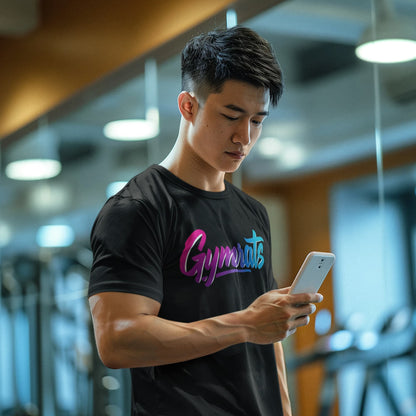 Model wearing Candy Crusher cotton t-shirt in gym setting - anime workout apparel"