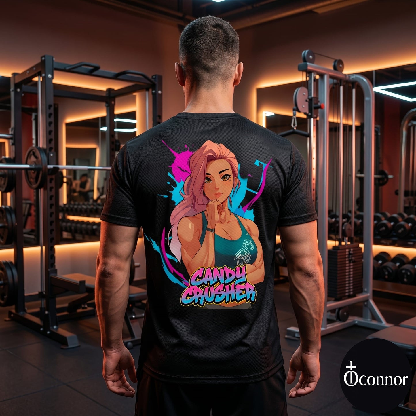 Male athlete wearing Candy Crusher anime polyester gym tee in fitness studio - back view showing pink design