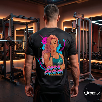 Male athlete wearing Candy Crusher anime polyester gym tee in fitness studio - back view showing pink design
