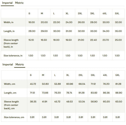 Size chart for clothing measurements in imperial and metric systems. O'Connor wear blue viper