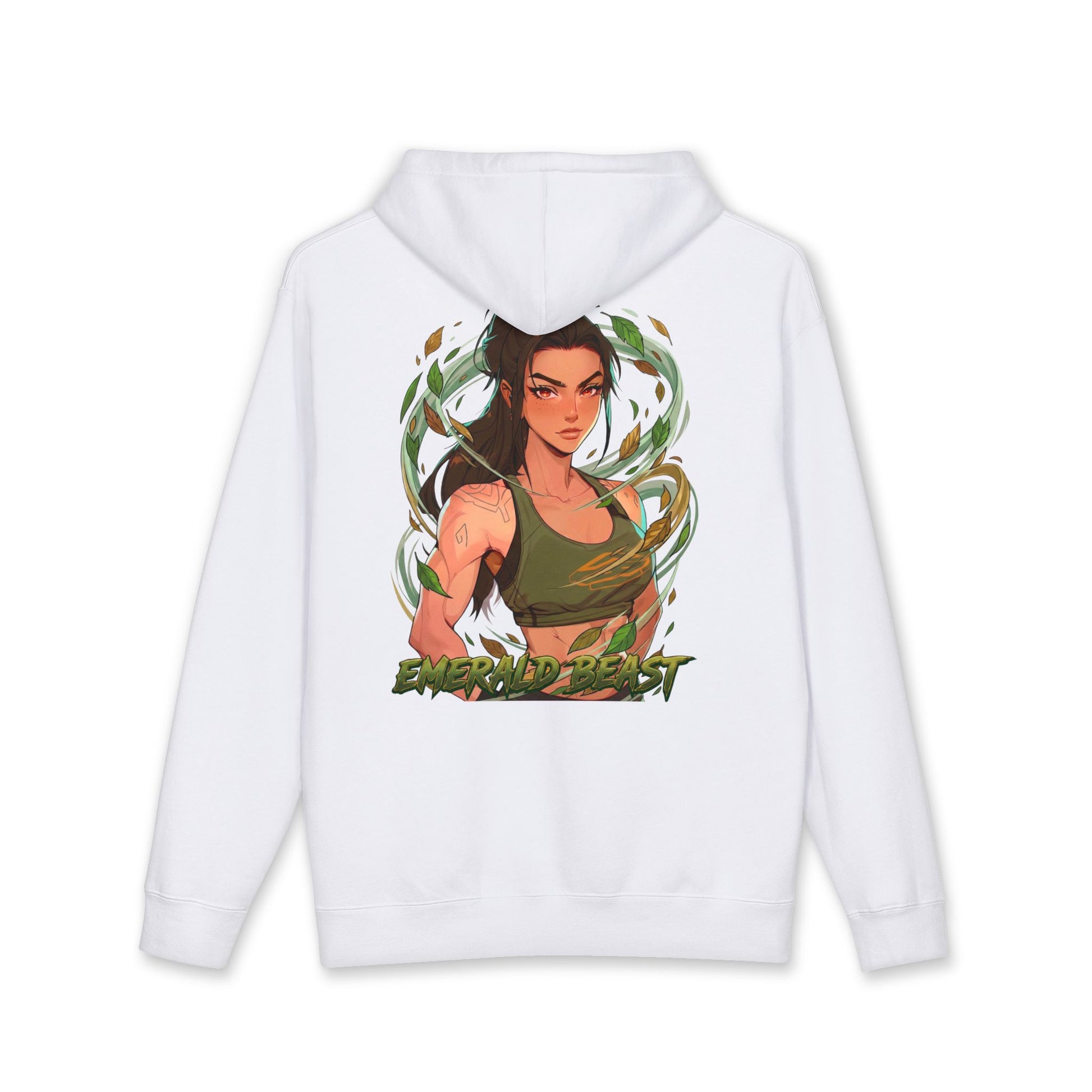 Emerald Beast hoodie back view white - deep emerald green anime design by O'Connor