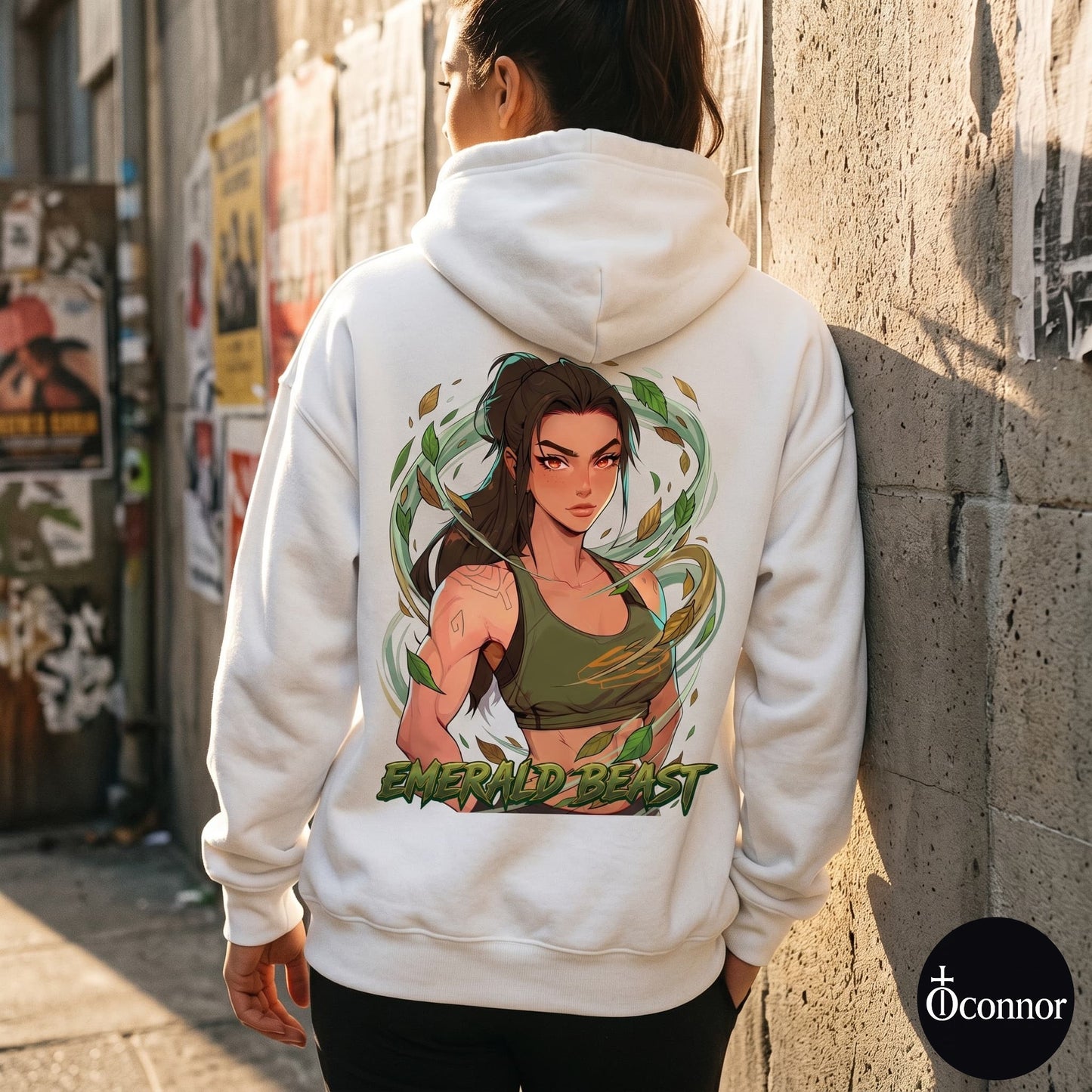 Female model wearing Emerald Beast white hoodie seen from behind in urban setting with anime-style elements - O'Connor streetwear
