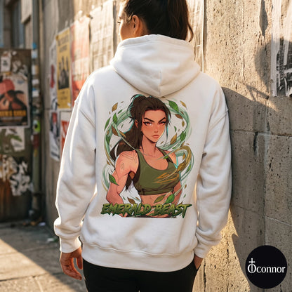 Female model wearing Emerald Beast white hoodie seen from behind in urban setting with anime-style elements - O'Connor streetwear