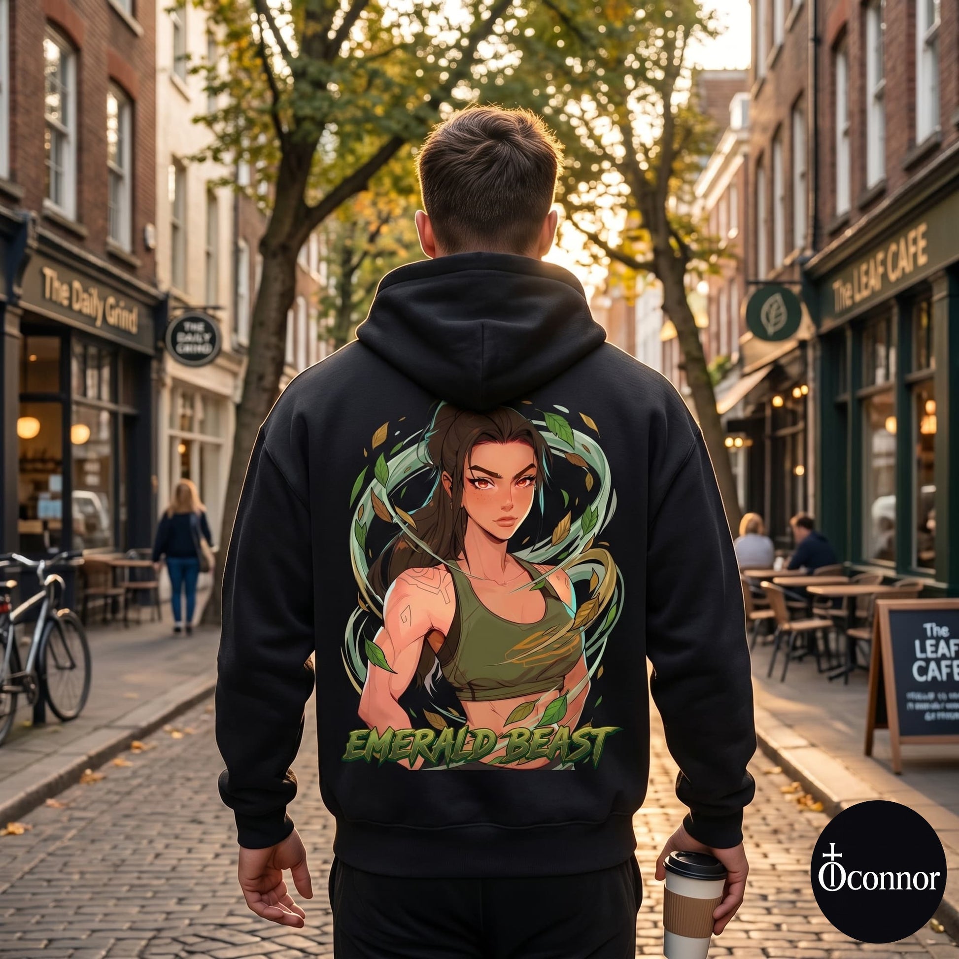 Male model wearing Emerald Beast black hoodie seen from behind in urban setting with anime-style elements - O'Connor streetwear