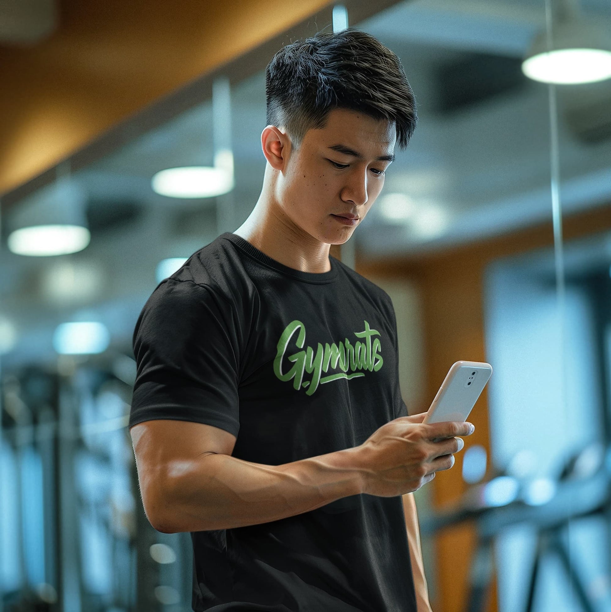 Model wearing Emerald Beast polyester performance tee in gym setting - anime workout apparel"