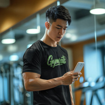 Model wearing Emerald Beast polyester performance tee in gym setting - anime workout apparel"