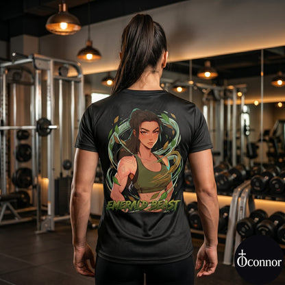 Female athlete wearing Emerald Beast anime polyester gym tee in fitness studio - back view showing green design
