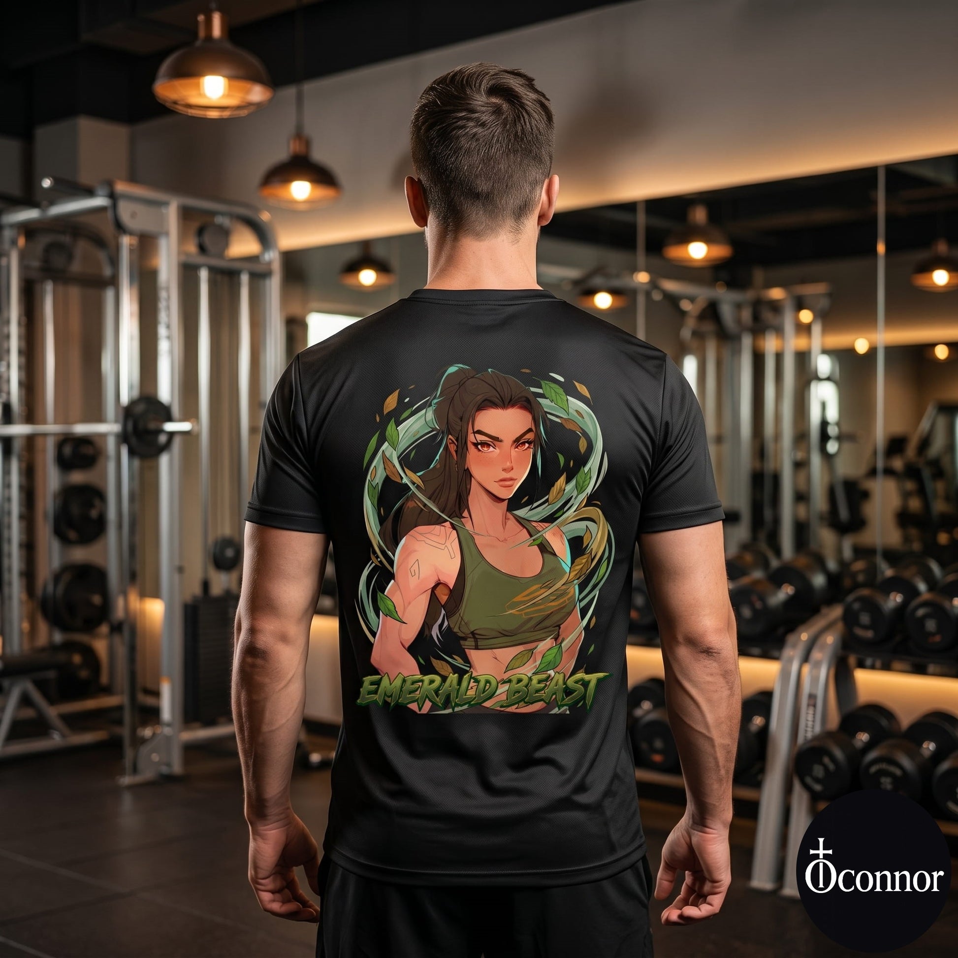 Male athlete wearing Emerald Beast anime polyester gym tee in fitness studio - back view showing green design