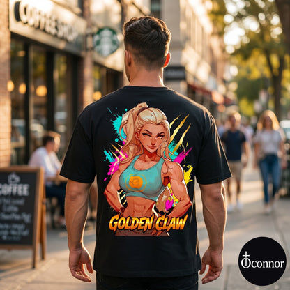 Male model wearing Golden Claw black cotton t-shirt seen from behind in urban setting with anime-style elements - O'Connor streetwear
