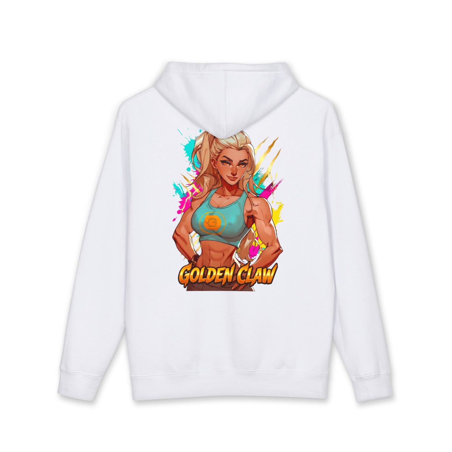 Golden Claw hoodie back view white - gold and bronze anime design by O'Connor